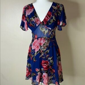 Blue and Red Flutter Sleeve Wrap Mini Dress